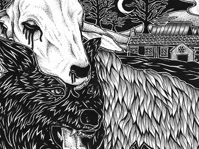 Wolf and the Dead Sheep black and white illustration ink nature