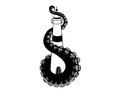 Lighthouse entwined with squid tentacles. Hand drawn graphic. graphic design hand drawn illustration lighthouse tatoo design tattoo tentacles