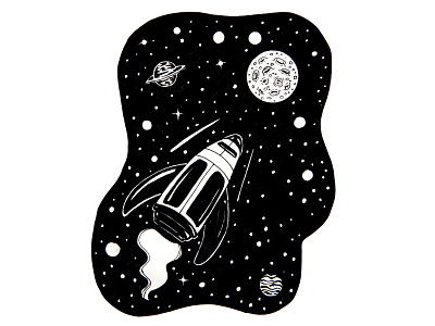 Rocket in Space. Hand drawn black and white graphic.