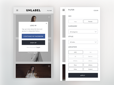 Filter for Unlabel app facebook fashion filter ios onboarding sign typography up