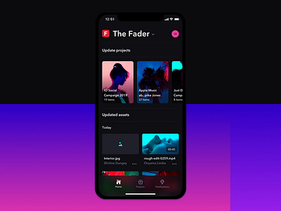 Home Tab and Loading State - Frame.io App Update after effects animation app cards dark mode dark ui gradient ios7 iphone x motion prototype