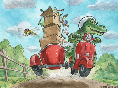 Murray Moves gator illustration moving scooter