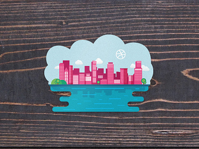 Dribbble Community city cityscape cloud community dribbble illustration rebound river sticker sticker mule town