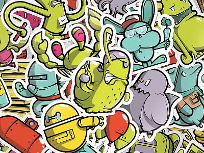 Stickers blue characters colors crab dolphin green nike ninja purple rabbit robot snail