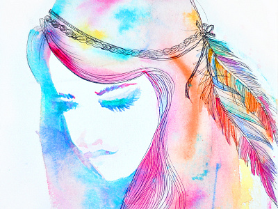 Watercolor Girl color colorful feathers girl water