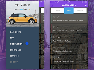 OBD App app cars menu notification obd ui ux