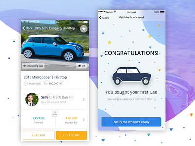 Bidding UI Screens app bid bidding car clean ios mobile sketch ui ux white