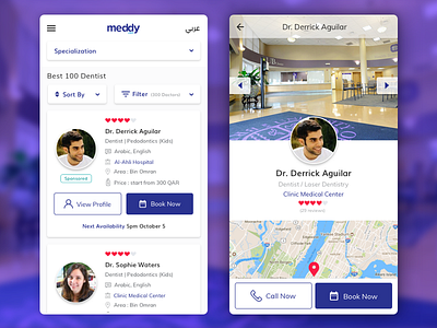 Doctor profile and listings arab blue clinic doctors health medical mobile mobile app ui ux web