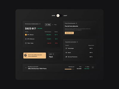 Finary - Dark and Light UI cards component dark ui design system finance finary fintech investment light ui product design switch toggle ui ux