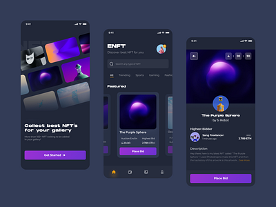 ENFT - NFT Auction mobile app concept 3d darkmode details screen home screen mobile app nft nft auction nft mobileapp onboarding screen ui ui design uiux uix ux