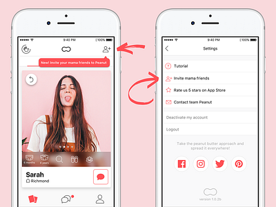 Invite mama friends ✉️ app clean feature friends mobile new peanut product social tooltip