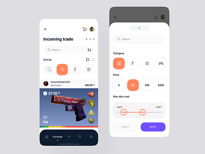 App SkinSwipe - Exchange of skins app app design apple csgo design dota filter mobile skin steam ui uiux