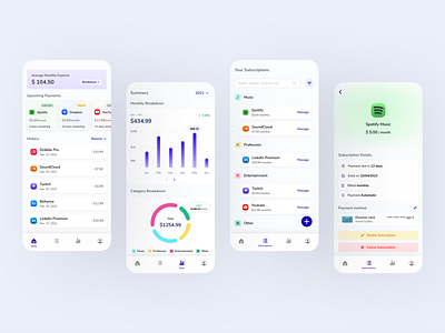 Subscription Manager card charts design graphic design insights minimal minimalistic mobile money management statics subscription ui uiux ux