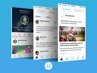 Mobile application - Horsealot android application bottom menu feed flat horses iphone profile white