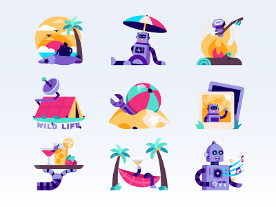 Vacationing robots (stickers for Snapchat) beach camp coctail drinks fire icons illustration music palm robot snapchat sticker stickers summer tent vacation