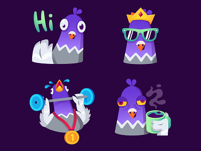 Pigeon stickers badge bird character coffee crown emoji emotion face king morning pigeon positive reaction reward sport sticker stickers