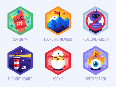 Nomadic badges achievement android award badge badges chicken eye fan flag flame founder leader member mountain person reader robot rookie superfan throphy