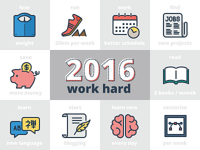 New Year Resolutions - Work Hard! blog icons job learn money new year read resolutions run schedule work