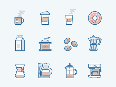 webina flat: Coffee beans cafe coffee coffee machine cup donut filtration french press icons milk mug tea