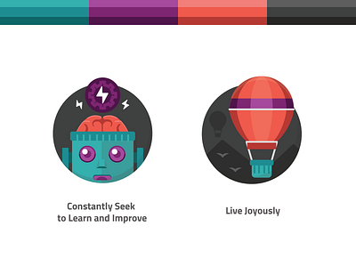 Sysdig: Values badges airball award badges brain icons illustration improve joy knowledge learn live robot