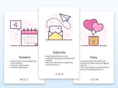 Onboarding "How it works" Women's product balloons calendar email enjoy how it works mail package periods product schedule subscribe women