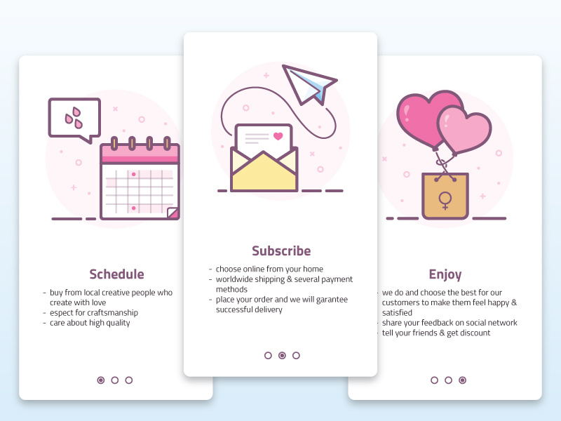 Onboarding "How it works" Women's product women periods balloons package product mail email calendar enjoy schedule how it works subscribe