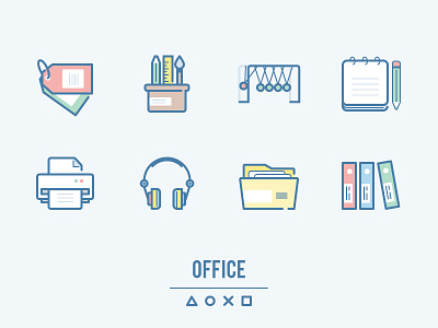 webina: Office Table flat folder headphones icons newton craddle note office outline pencil printer supplies tags