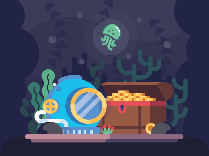 Under the Sea water stones chest deep dive money coins seaweeds jellyfish treasure under sea