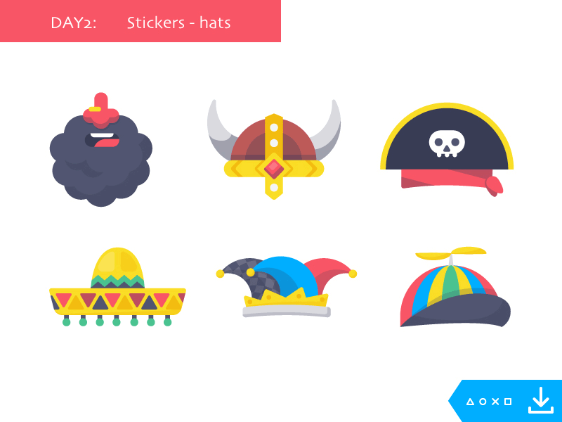 Day2_freebies: Stickers Hats beard crown glasses hat joker lips mexican pirate sticker stickers viking