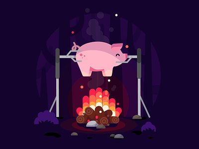 Pig On Fire animation camp design fire flat food forest hunt illustration intro introduction night picnic pig smoke