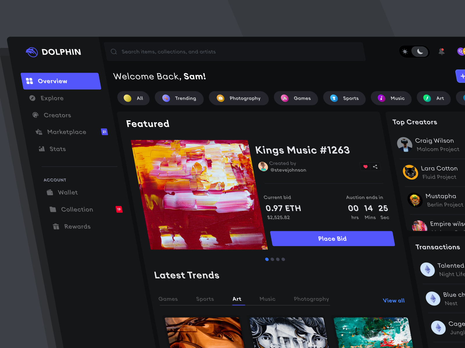 DOLPHIN NFT dashboard (dark mode) by Samm Mani on Dribbble