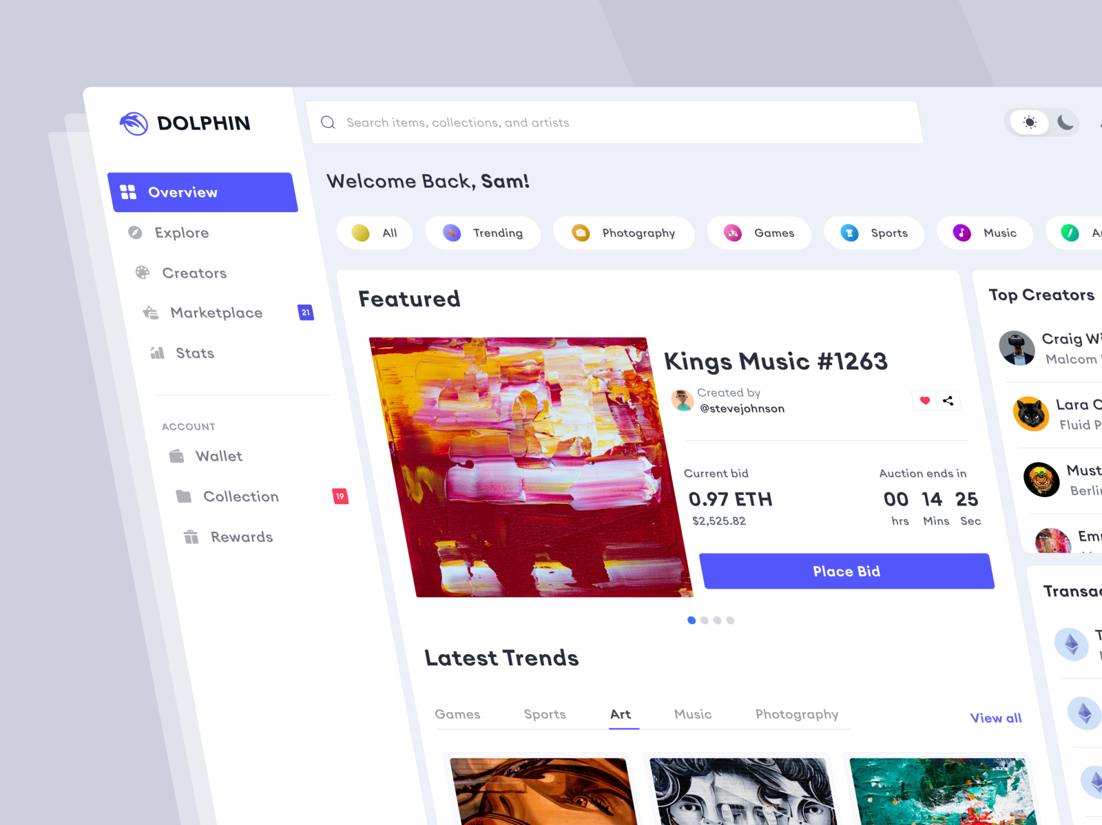DOLPHIN NFT dashboard (light mode) by Samm Mani on Dribbble