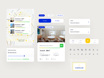 Real Estate Platform Components | Apolar Procura apartment card chip cluster components elements icon map menu mobile product design property real estate realty select toggle ui design ui kit