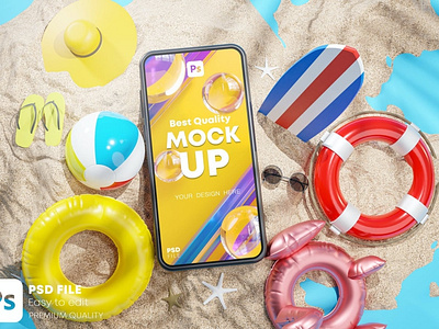 Phone Mockup Between Summer Beach Accessories 3D