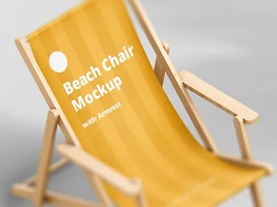 Beach Chair Mockup with Armrest armless armrest beach branding chair deck fabric logo lounger mockup print psd summer sun wood