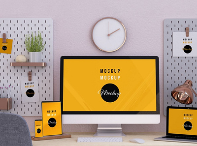 Modern and Minimalist Desk with Devices Mockup abstract clean design device display laptop mac macbook mockup phone presentation realistic simple smartphone theme ui ux web webpage website