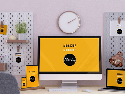 Modern and Minimalist Desk with Devices Mockup abstract clean design device display laptop mac macbook mockup phone presentation realistic simple smartphone theme ui ux web webpage website