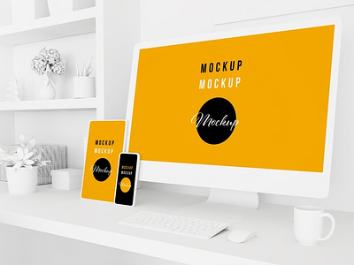 Responsive Devices on White Home Office Mockup website webpage web ux ui presentation theme macbook mac laptop display simple clean realistic phone mockup smartphone device mockup abstract phone