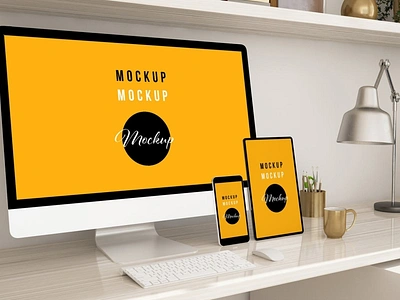 Home Office with Devices Mockup abstract clean device display laptop mac macbook mockup phone phone mockup presentation realistic simple smartphone theme ui ux web webpage website