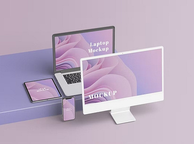 FREE Multi Devices Mockup abstract branding clean design device devices mockup display graphic design illustration imac laptop macbook mockup motion graphics multi devices photoshop realistic scences simple ui