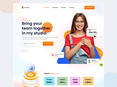 Bring your team together in my Studio. branding design freelancer interface landing page saas startup templete ui uiux web web page