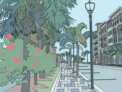 Orange Avenue apartment building illustration palm trees