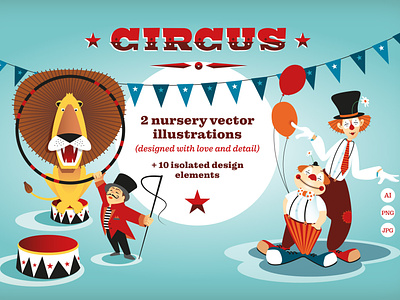 Circus Vector Nursery Illustrations animals circus clowns creative market design graphic design illustration illustrator kids illustration kids room lion nursery typography vector