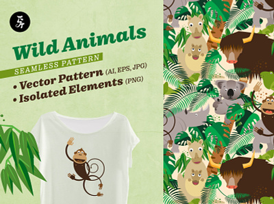 Seamless Pattern Wild Animals animals creative market design graphic design illustration illustrator jungle kids illustration kids room leaves monkey nursery pattern pattern design vector