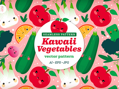 Kawaii Vegetables Seamless Pattern creative market design illustration illustrator kawaii kids illustration kids room pattern pattern design vector