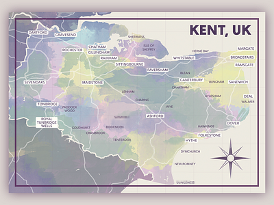 ‘Kent Map’ poster print (2018) adobe photoshop britain colour design gift illustration map muted poster print purple souvenir uk watercolor watercolour
