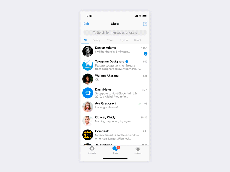 Telegram — Groups for chats feature ios principle segmented control telegram ui