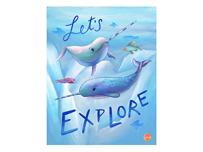 Print - "Let's Explore" animal arctic book children digital drawing fish glacier iceberg illustration narwhal nature ocean