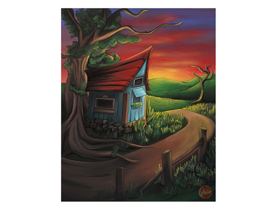 Print - "The Fairytale Shack" birdhouse book children digital drawing fantasy house illustration literature nature storybook sunset