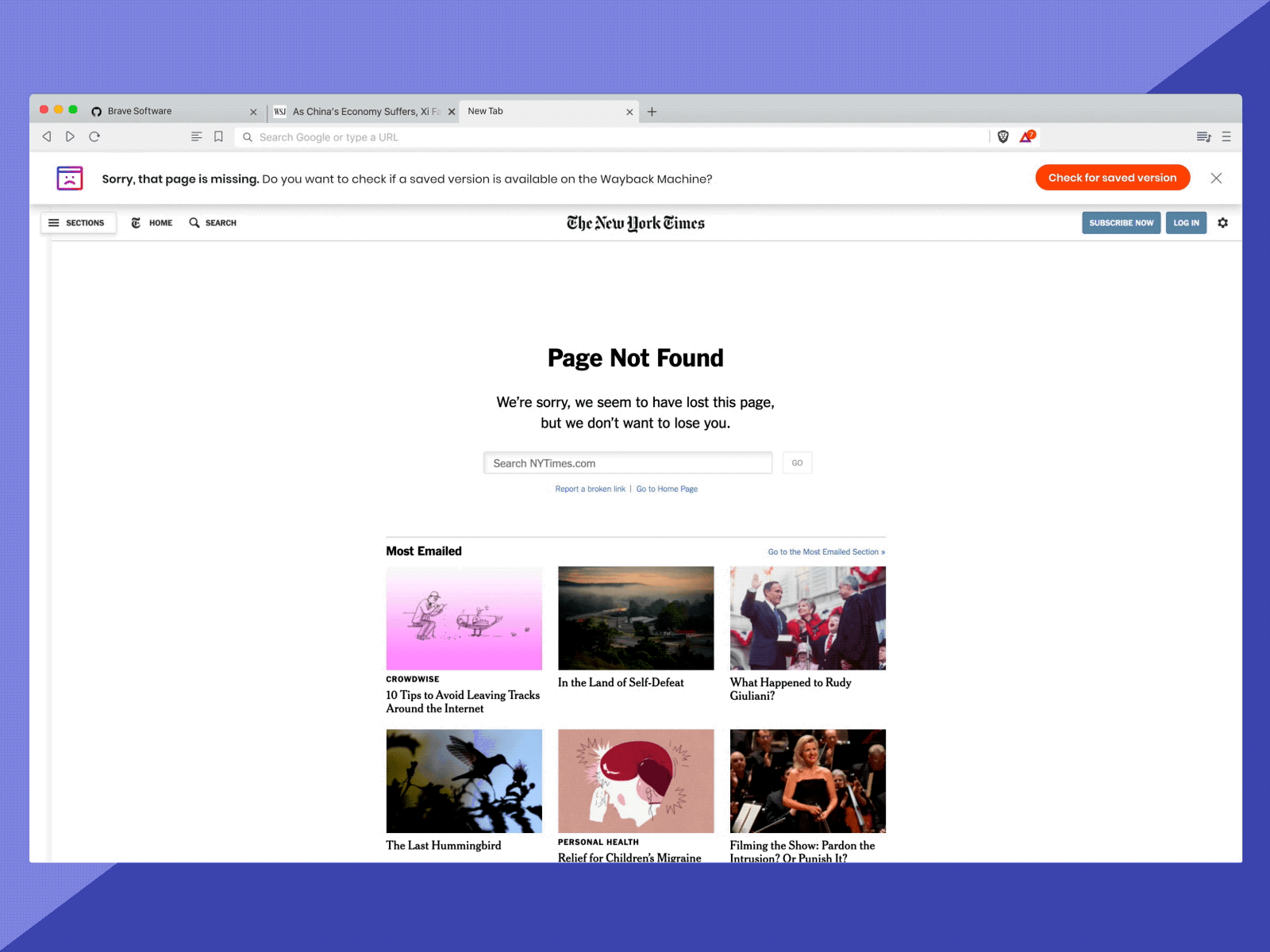 Brave Browser Wayback Machine error page banner browser feature figma interaction design notification product design prototype rapid prototyping ui design ux design agency